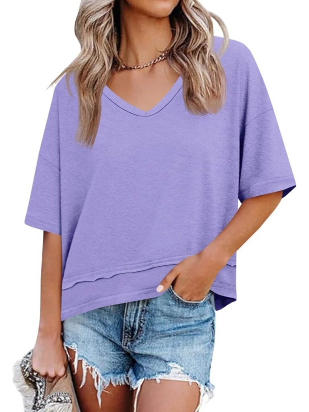 Women's Purple Summer V Neck T Shirts Casual Short Sleeve Tops Cute Loose